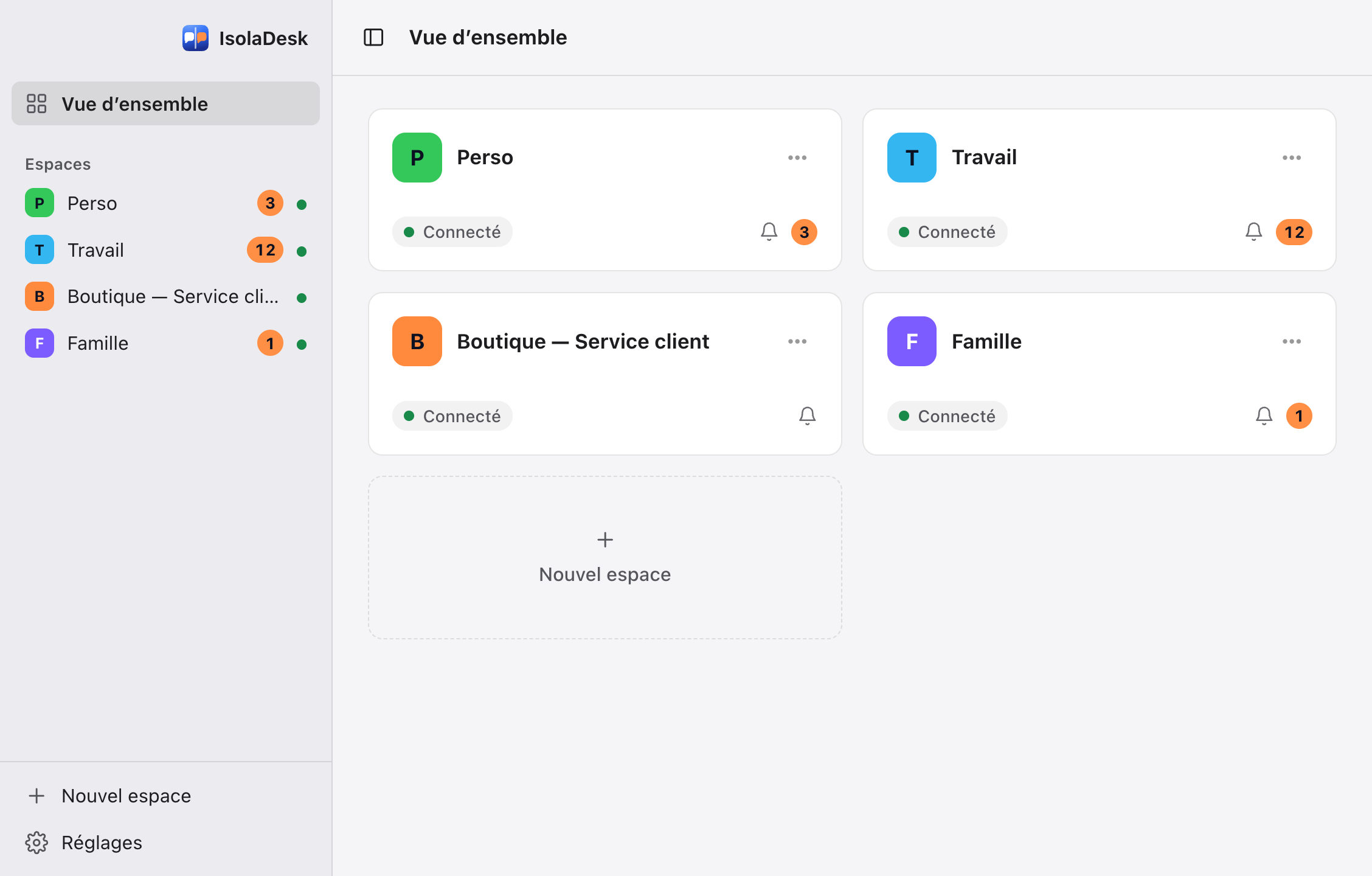 La vue d’ensemble d’IsolaDesk : sous le logo d’IsolaDesk, une barre latérale qui liste quatre espaces, chacun avec son icône et ses messages non lus, et une carte par espace indiquant qu’il est connecté.