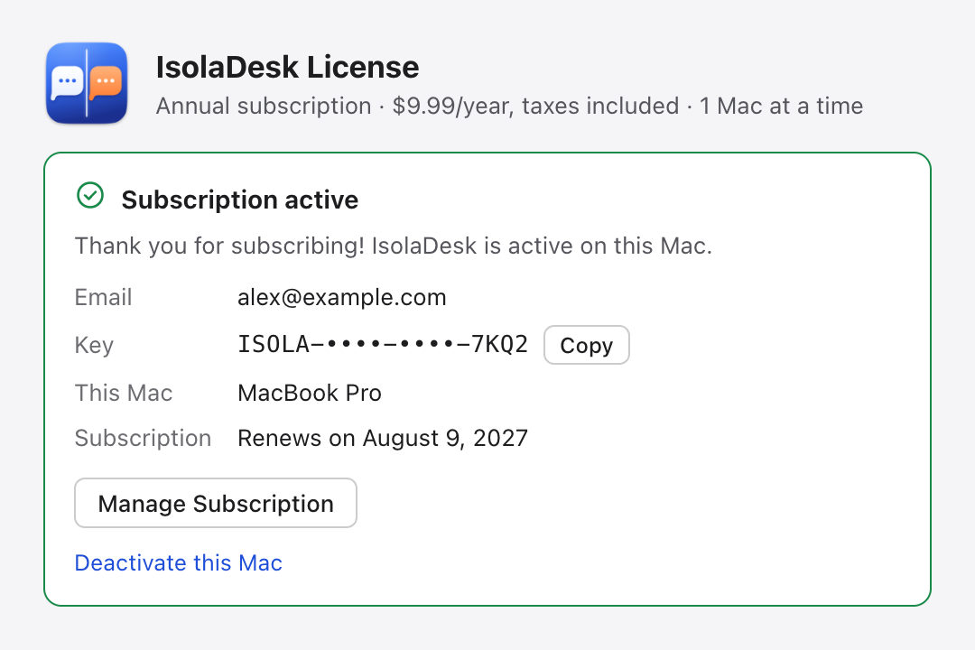 The IsolaDesk License window showing an active subscription, its renewal date, the Manage Subscription button and the Deactivate this Mac link.