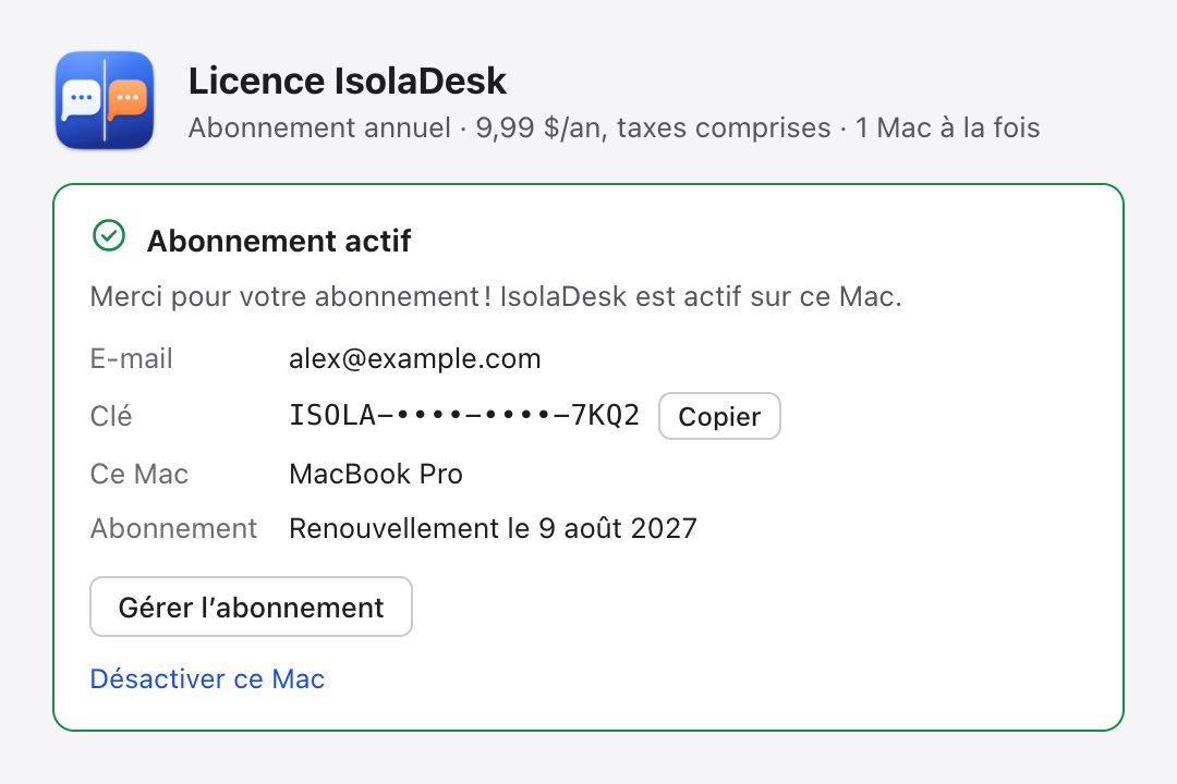 La fenêtre Licence d’IsolaDesk : abonnement actif, date de renouvellement et boutons Gérer l’abonnement et Désactiver ce Mac.