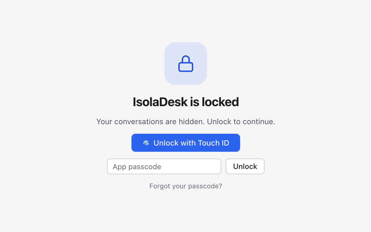 The IsolaDesk lock screen with an “Unlock with Touch ID” button and a passcode field.