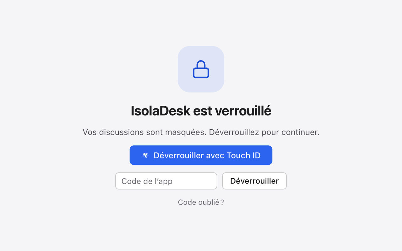 L’écran de verrouillage d’IsolaDesk avec un bouton « Déverrouiller avec Touch ID » et un champ de code.