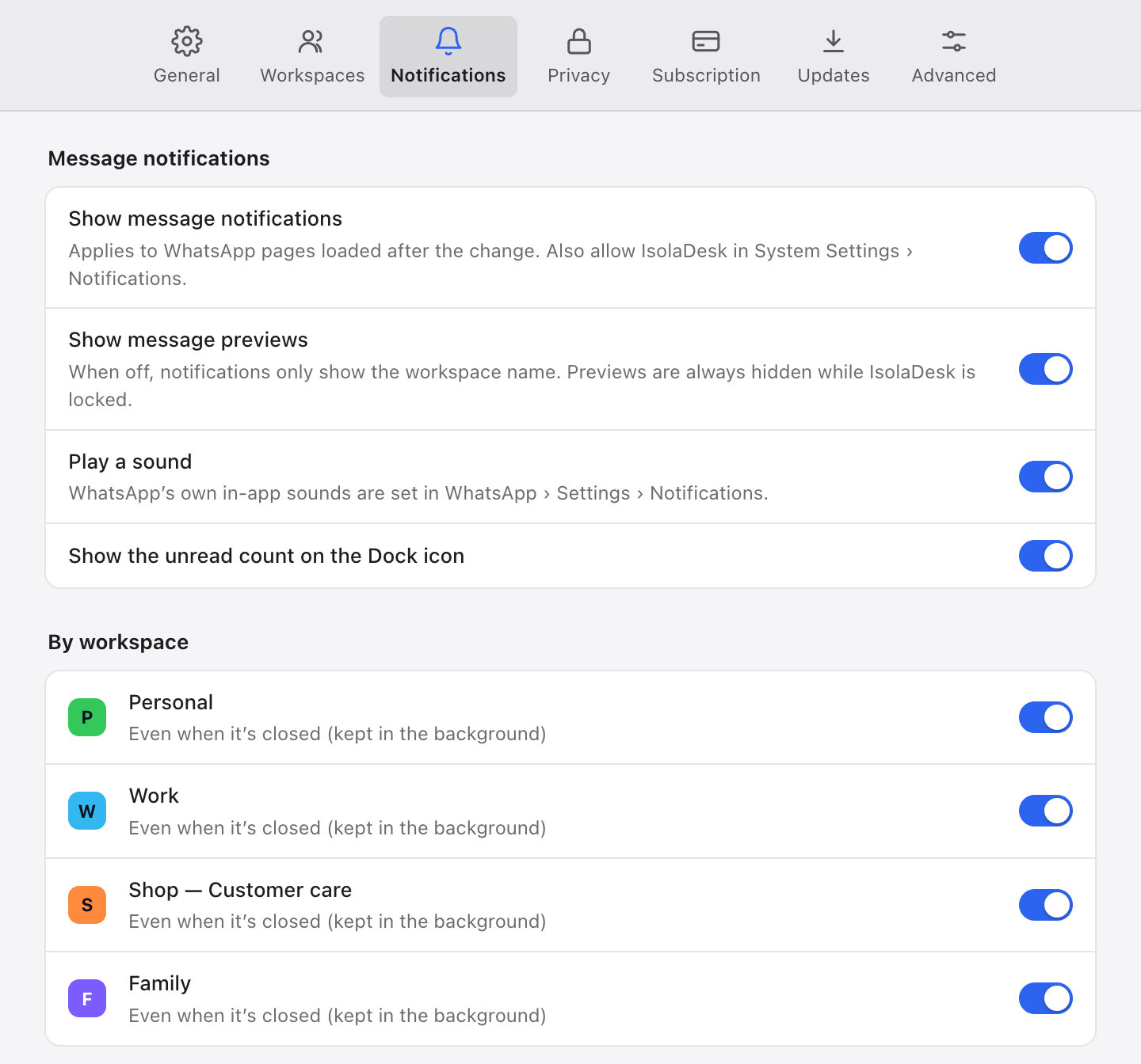 IsolaDesk notification settings: message notifications, message previews, sound, the unread count on the Dock icon, and a switch for each workspace.