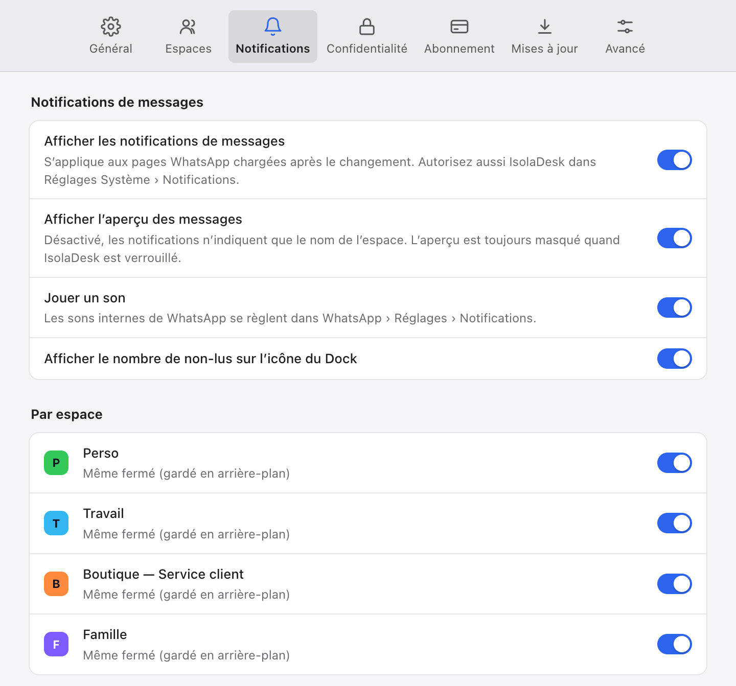 Les réglages de notifications d’IsolaDesk : notifications de messages, aperçu des messages, son, nombre de non-lus sur l’icône du Dock, et un interrupteur par espace.