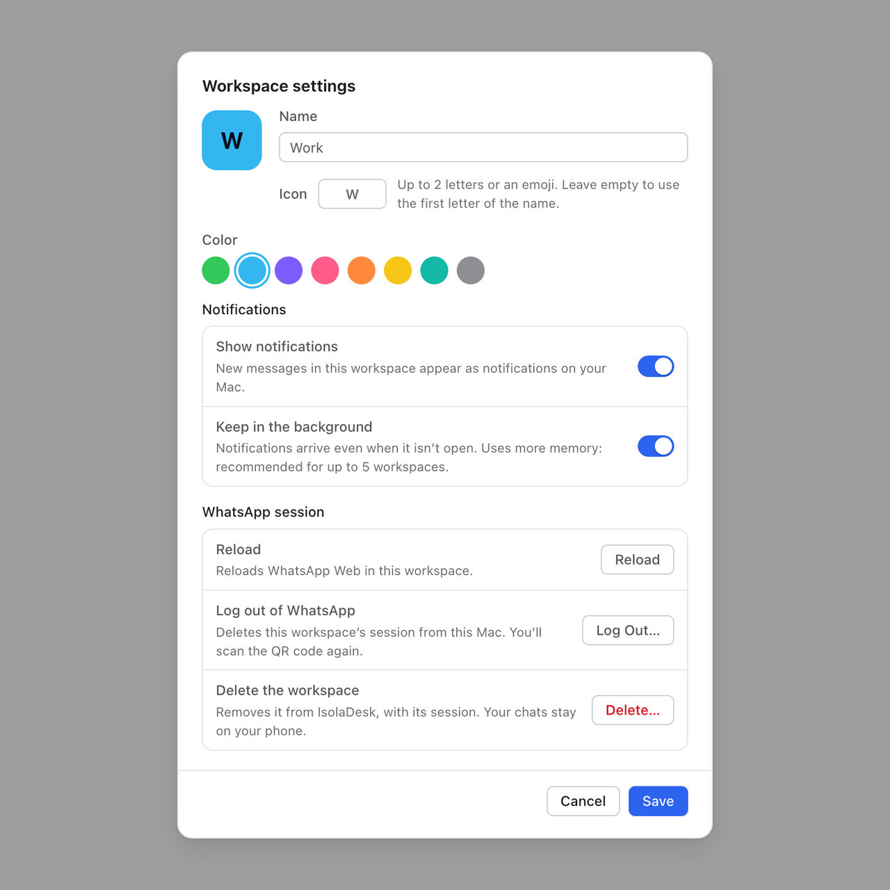 The Workspace settings sheet in IsolaDesk: name, icon (letters or an emoji), color, the “Show notifications” and “Keep in the background” switches, and Reload, Log Out and Delete for its WhatsApp session.